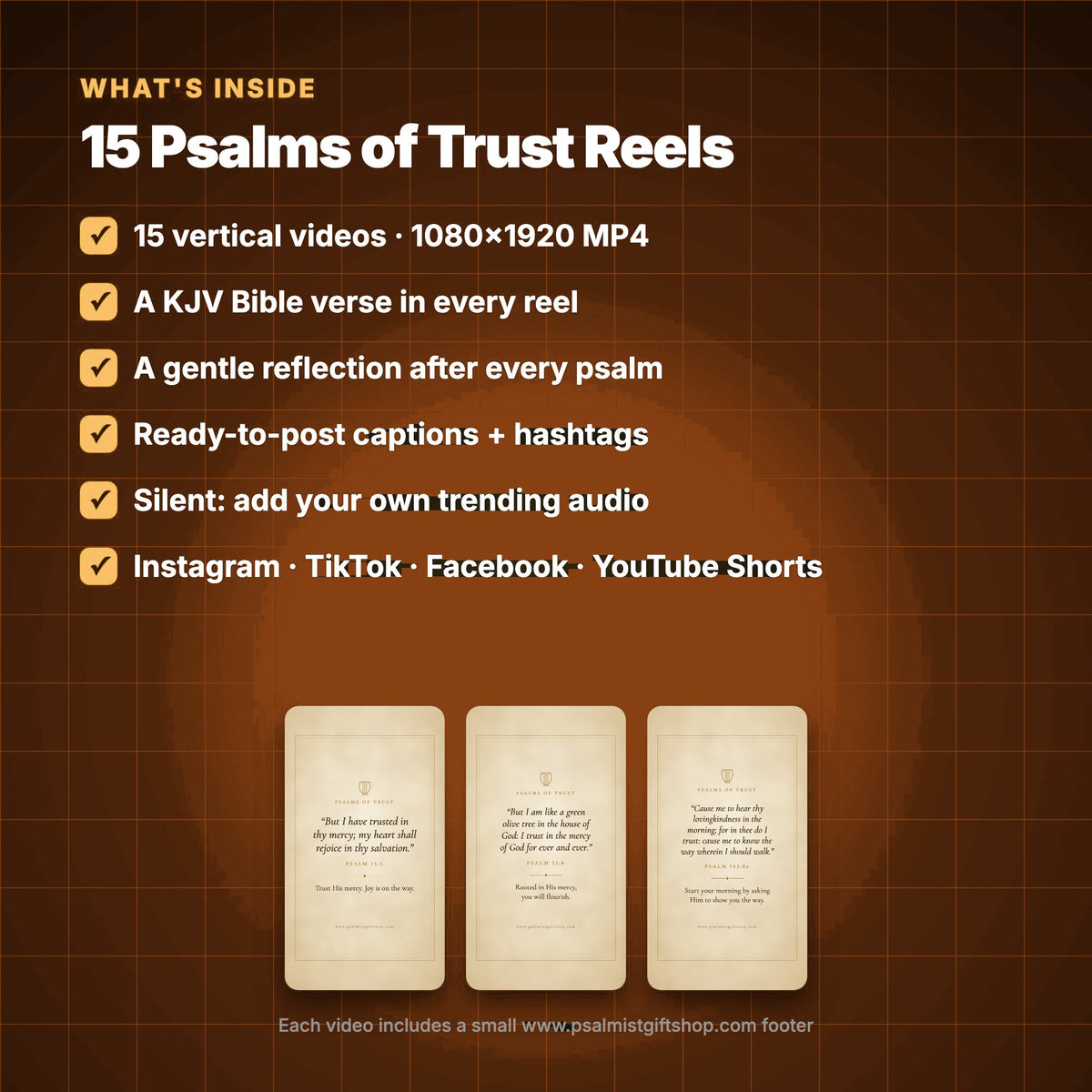 What's inside 15 Psalms of Trust Reels: 15 videos, KJV Psalms, reflections, captions and hashtags