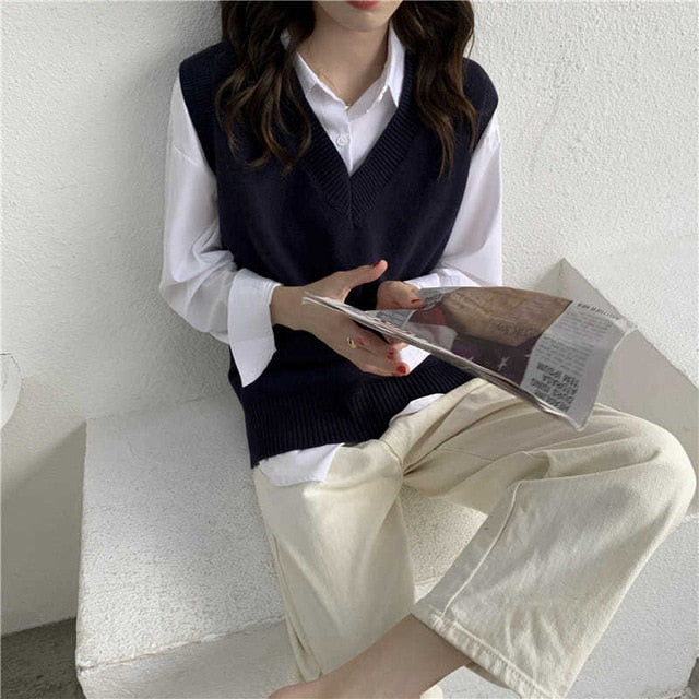 Casual Korean Style V Neck Sweater for Teens Fashion