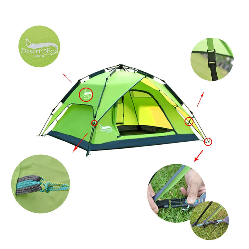 Desert&Fox Magic Fortress: The Ultimate 3-4 Person Family Adventure Tent with Instant Setup Awesomeness – Your Portable Pal for Hiking and Travel Fun!