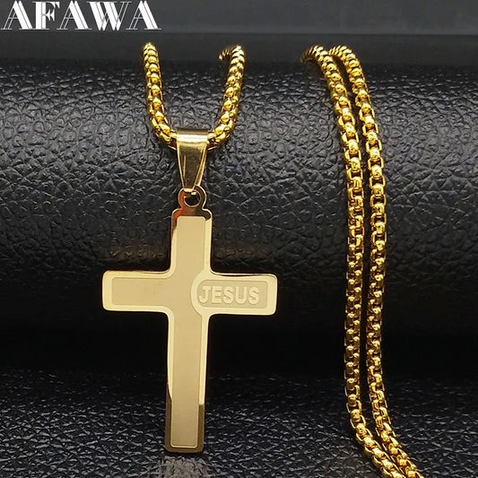 Stainless Steel Christian JESUS CROSS Necklaces for Men Jewelry Gold Color Chain Necklaces Jewelry corrente masculina N1174S02