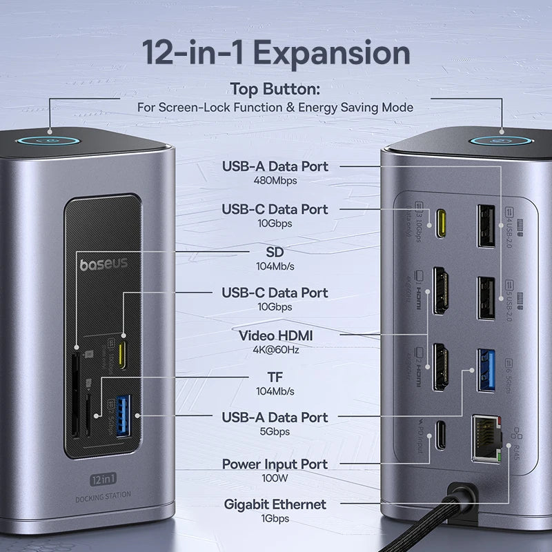 ⚡ Expand Your Power – Baseus 12-in-1 USB-C Hub with Dual 4K HDMI & 100W PD Docking Station