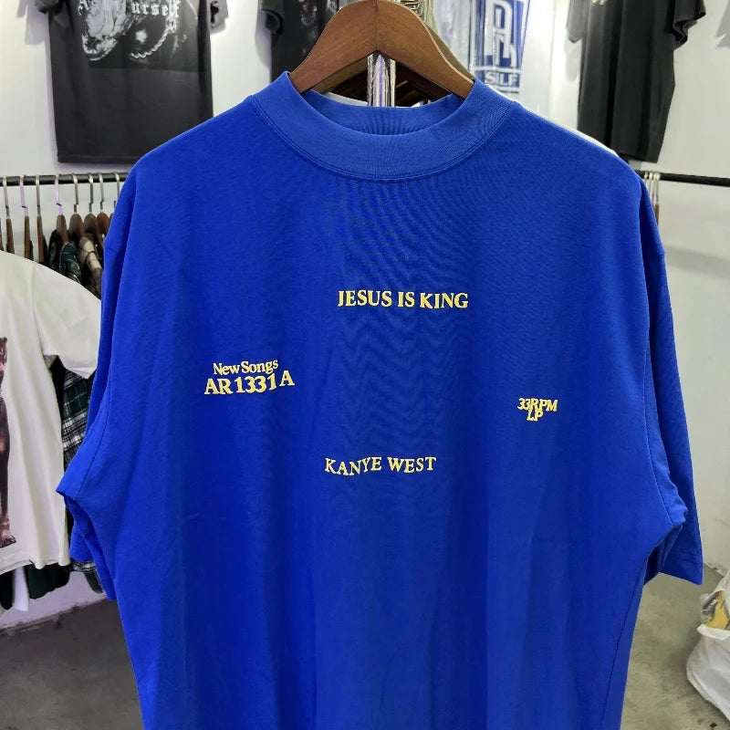 🔥 Royal Blue Kanye West Foam Letter Printed T-Shirt – Bold Streetwear Vibes!