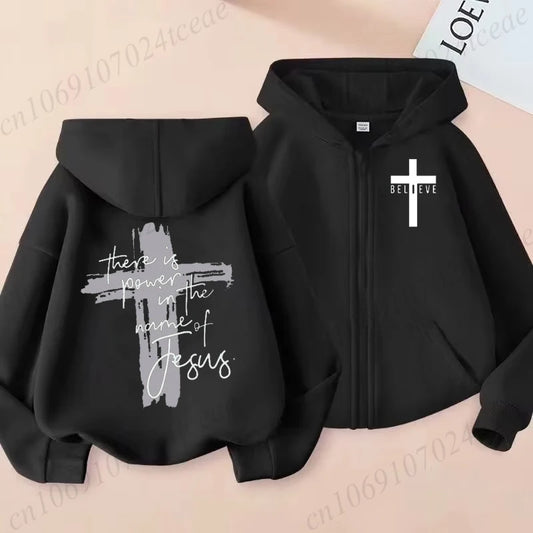 🔥 "There Is Power in the Name of Jesus" Christian Graphic Hoodie – Faith-Inspired Zip Sweatshirt for Men & Women!