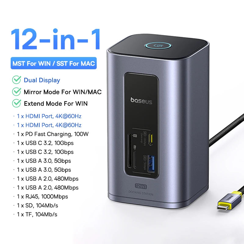 ⚡ Expand Your Power – Baseus 12-in-1 USB-C Hub with Dual 4K HDMI & 100W PD Docking Station
