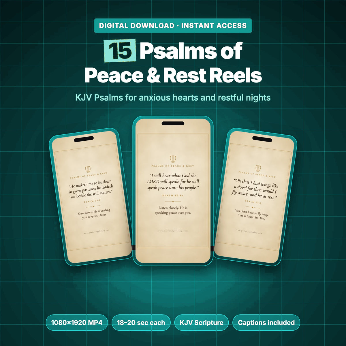 15 Psalms of Peace & Rest Reels, KJV Psalm videos with a parchment design shown on three phones