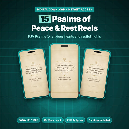 15 Psalms of Peace & Rest Reels, KJV Psalm videos with a parchment design shown on three phones