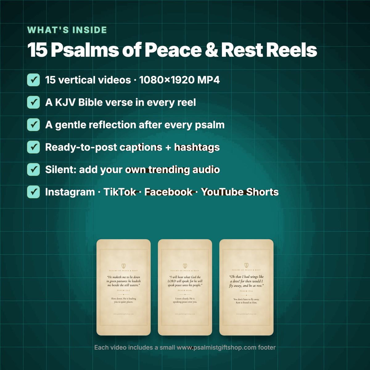 What's inside 15 Psalms of Peace & Rest Reels: 15 videos, KJV Psalms, reflections, captions and hashtags