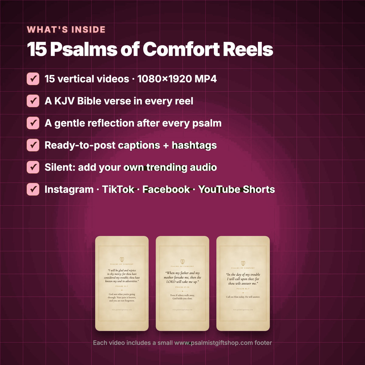 What's inside 15 Psalms of Comfort Reels: 15 videos, KJV Psalms, reflections, captions and hashtags