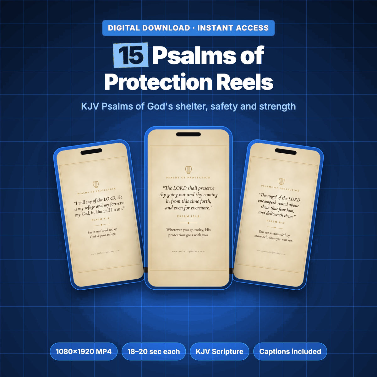 15 Psalms of Protection Reels, KJV Psalm videos with a parchment design shown on three phones