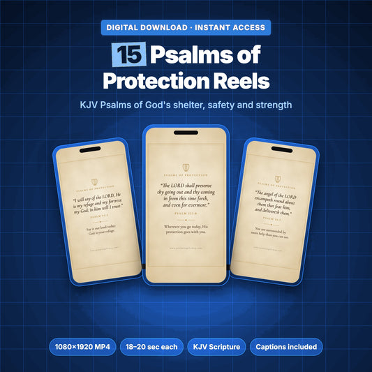 15 Psalms of Protection Reels, KJV Psalm videos with a parchment design shown on three phones