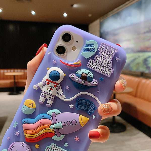 Cute Cartoon 3D Space Astronaut Case For iPhone 11 12 Pro Max Mini XS X XR 7 8 Plus SE 2020 Soft Silicone Dream Moon Phone Cases