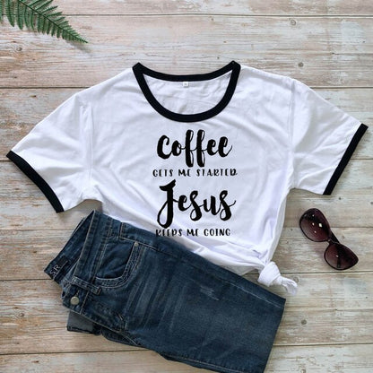 Coffee Gets Me Started Jesus Slogan T-Shirt Religious Clothes Stylish Cotton Tee Funny Christian Bible verse Grapjic Outfits Top