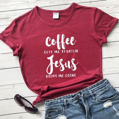 Coffee Gets Me Started Jesus Slogan T-Shirt Religious Clothes Stylish Cotton Tee Funny Christian Bible verse Grapjic Outfits Top